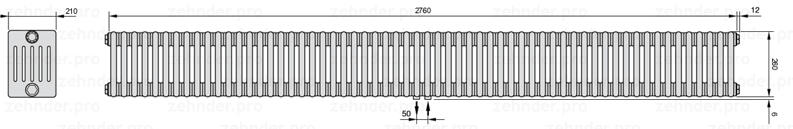 Схема (чертеж) Радиатор Zehnder Charleston 6026/60 №5410 Белый глянцевый RAL 9016